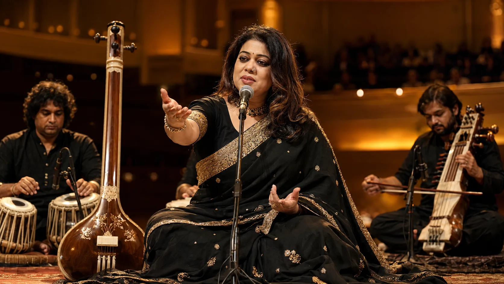 Barnali Chattopadhyay in concert on an auditorium stage